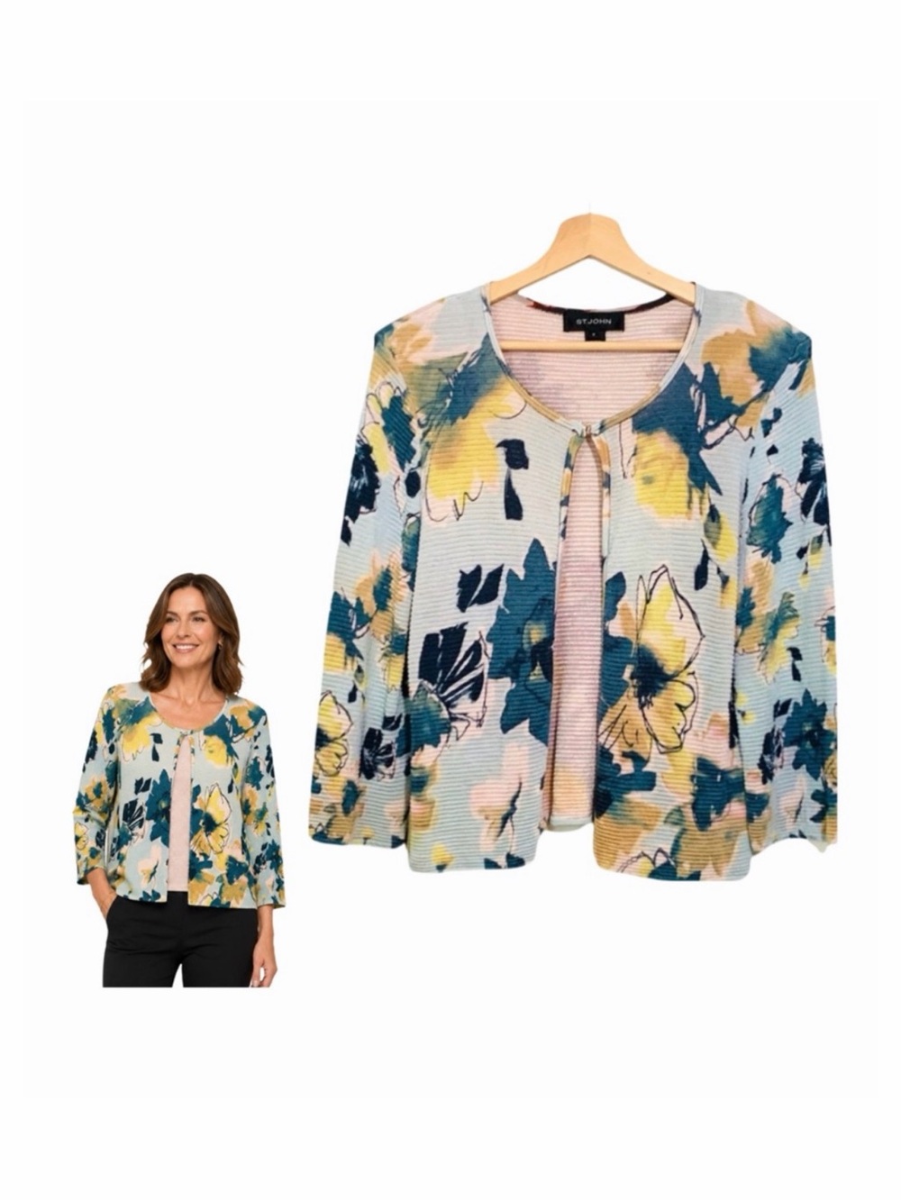St John Cardigan Knit Ribbed Floral Print Medium Old Money Country Club Luxury